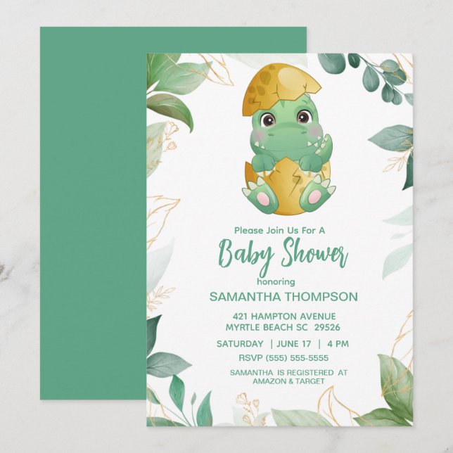 Invitación a Baby Shower de los niños de dinosauri (Anverso / Reverso)