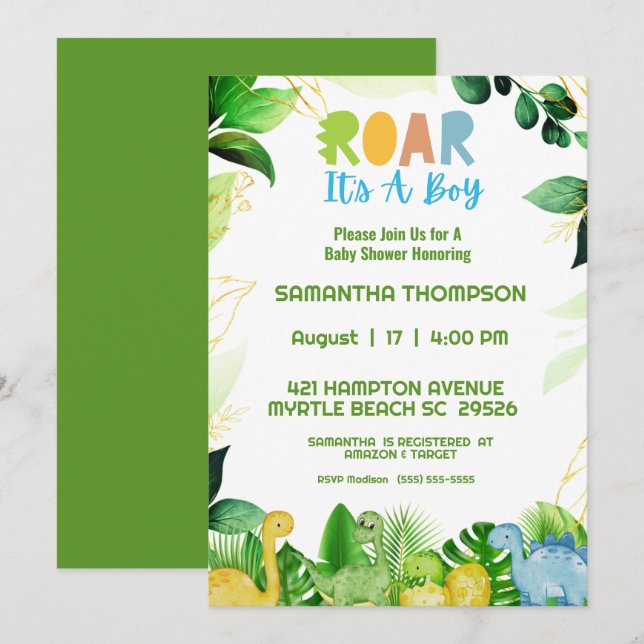 Invitación a Baby Shower de los niños de dinosauri (Anverso / Reverso)