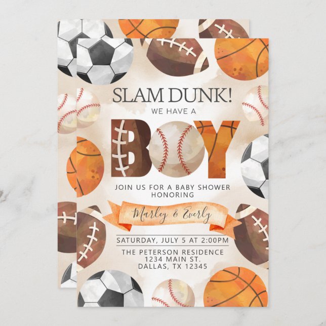 Invitación a Baby Shower de los niños deportistas  (Anverso / Reverso)