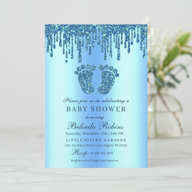 Invitación a Baby Shower de los pies de bebé azule (Anverso de pie)