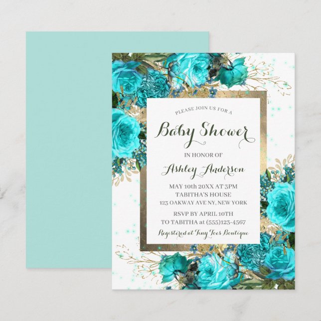 Invitación a Baby Shower de los Rosas verde azulad (Anverso / Reverso)
