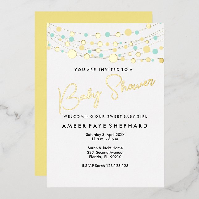 Invitación a Baby Shower de luces - Amarillo y Ver (Anverso/Reverso)
