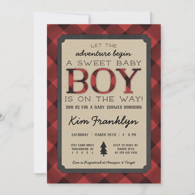 Invitación a Baby Shower de Lumberjack Flannel Boy (Anverso)