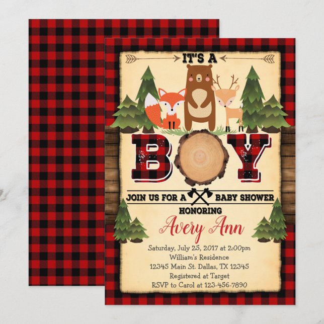 Invitación a Baby Shower de Lumberjack Woodland (Anverso / Reverso)