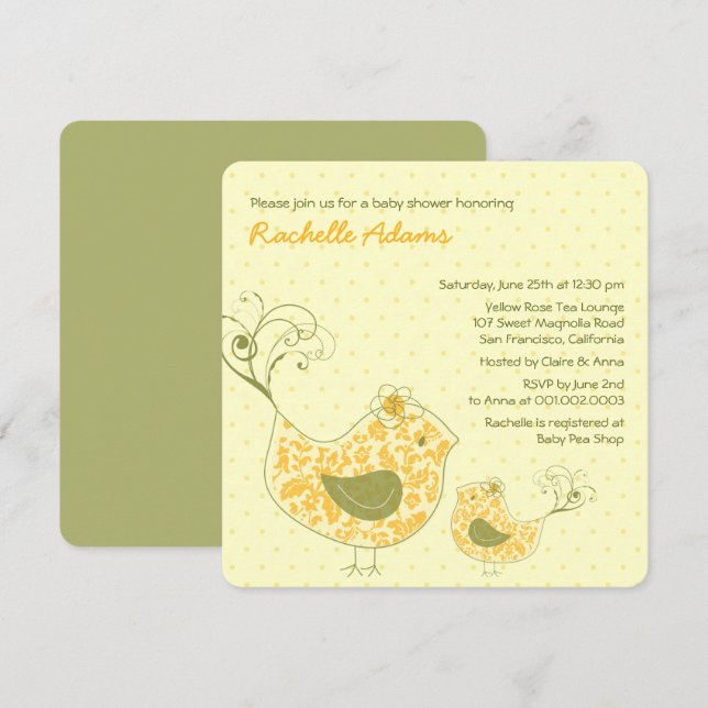 Invitación a Baby Shower de mamá Swirly & Baby Bir (Anverso / Reverso)