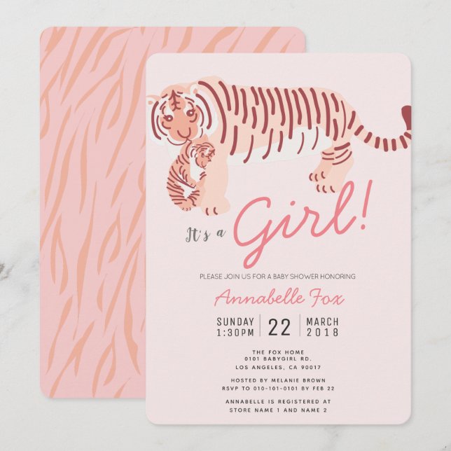 Invitación a Baby Shower de mamá Tiger & Cub Chica (Anverso / Reverso)