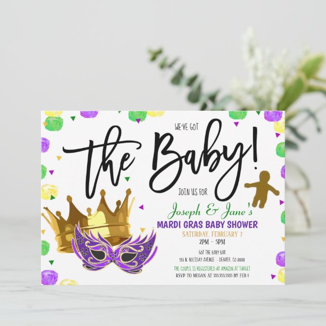 Invitación a Baby Shower de Mardi Gras (Anverso de pie)