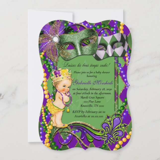 Invitación a Baby Shower de Mardi Gras (Anverso)