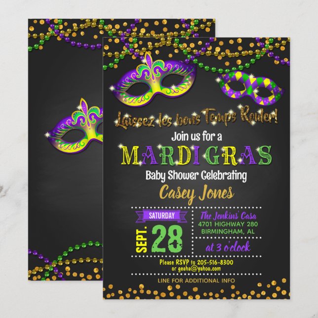 Invitación a Baby Shower de Mardi Gras (Anverso / Reverso)
