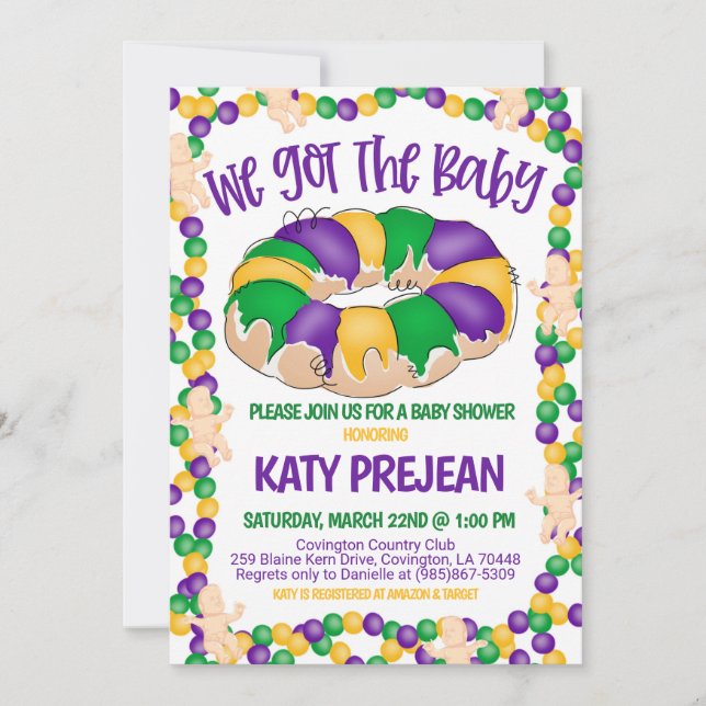 Invitación a Baby Shower de Mardi Gras (Anverso)