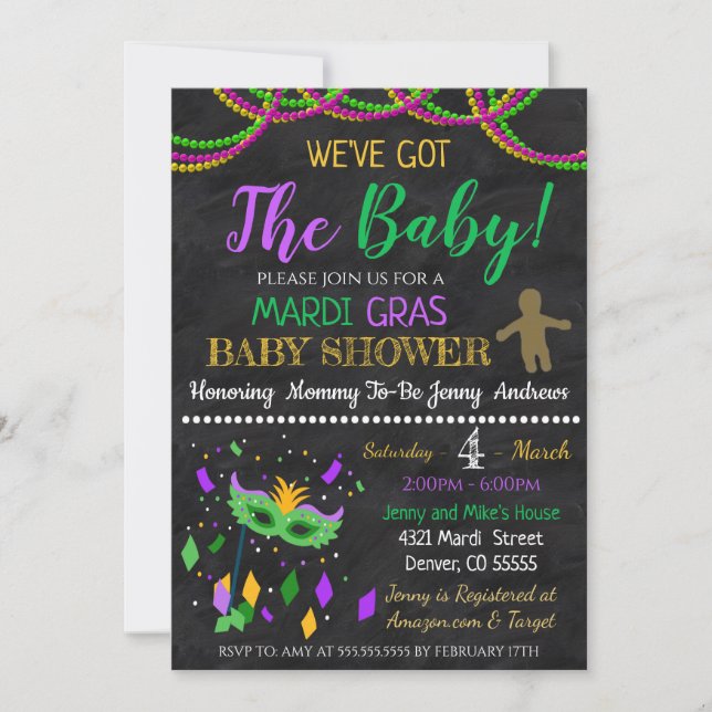 Invitación a Baby Shower de Mardi Gras (Anverso)