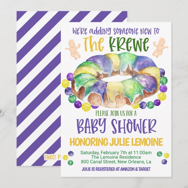 Invitación a Baby Shower de Mardi Gras (Anverso / Reverso)