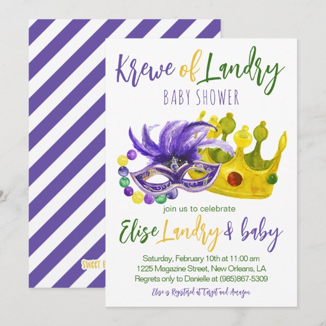 Invitación a Baby Shower de Mardi Gras Krewe (Anverso / Reverso)