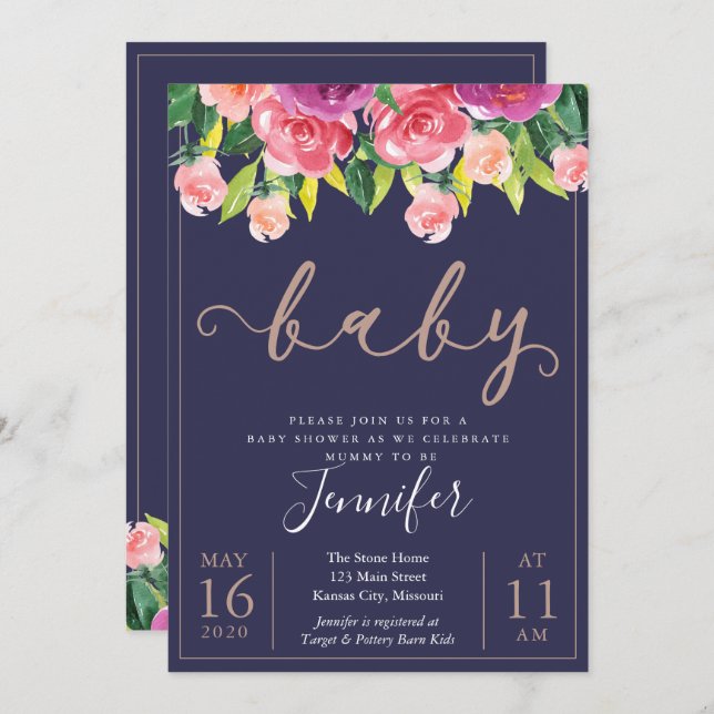 Invitación a Baby Shower de Marina Rubor Magenta F (Anverso / Reverso)