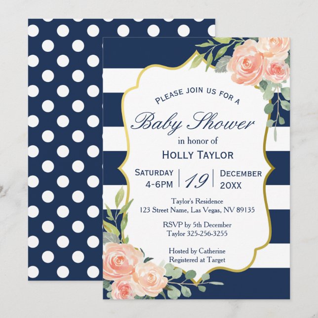 Invitación a Baby Shower de Marina y Oro (Anverso / Reverso)
