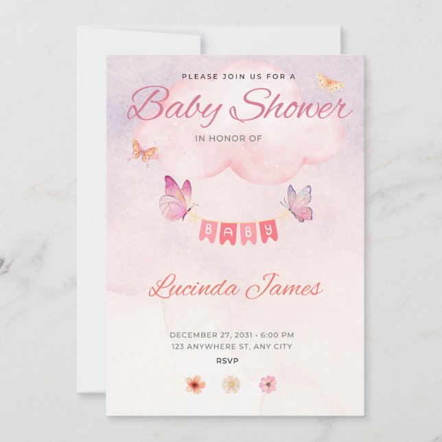 Invitación a Baby Shower de mariposa (Anverso)
