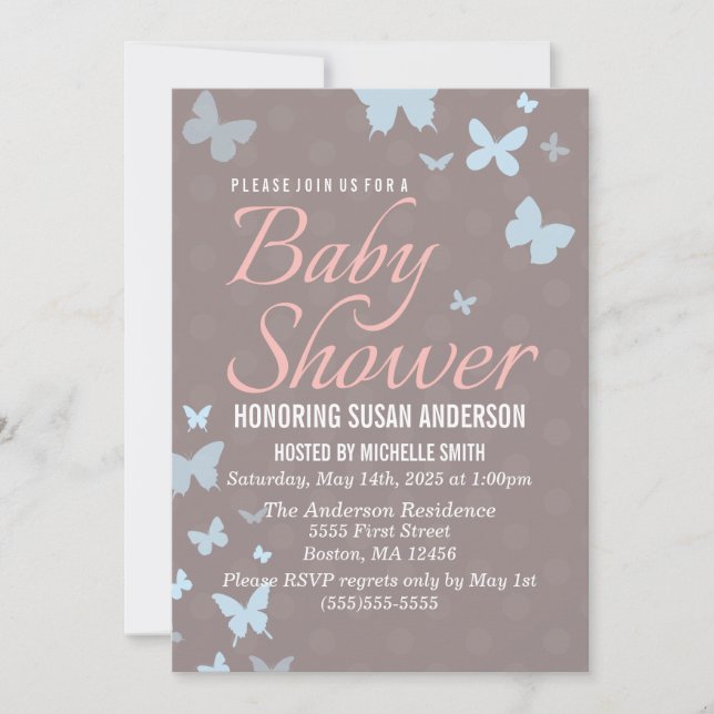Invitación a Baby Shower de mariposa (Anverso)