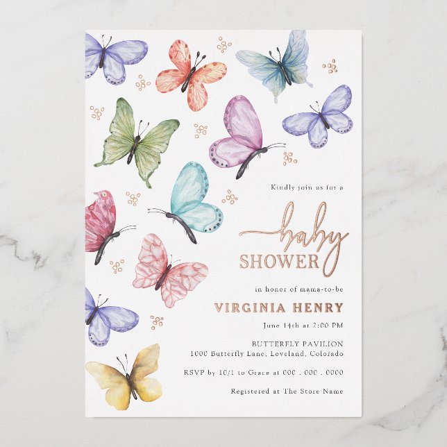 Invitación a Baby Shower de mariposa (Anverso)
