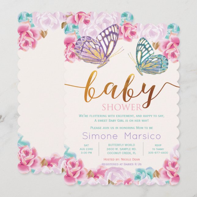 Invitación a Baby Shower de mariposa (Anverso / Reverso)