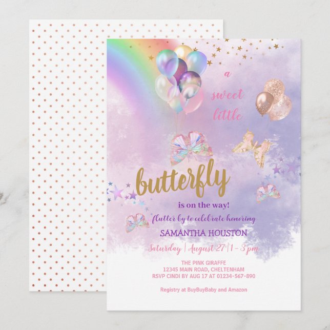 Invitación a Baby Shower de mariposa arco iris (Anverso / Reverso)