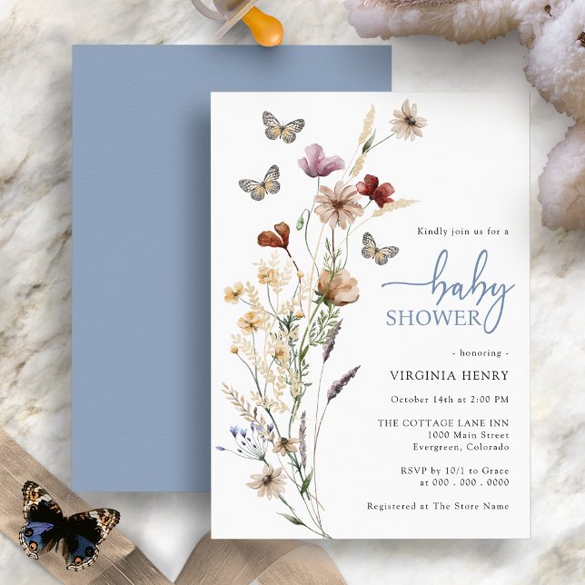Invitación a Baby Shower de mariposa azul turquesa (Boho Wildflowers Butterfly Blue Baby Shower Invitation by Painted Paperie
)