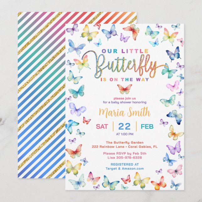 Invitación a Baby Shower de mariposa colorida (Anverso / Reverso)