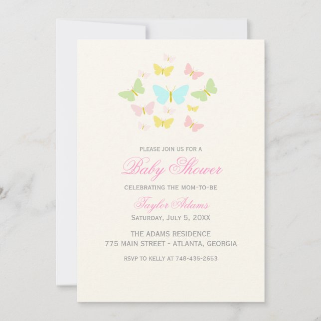 Invitación a Baby Shower de mariposa de bonito (Anverso)