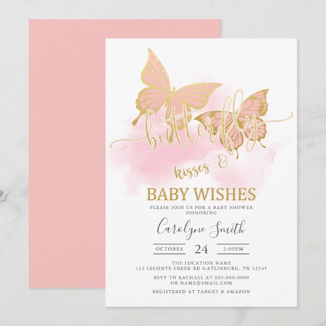 Invitación a Baby Shower de mariposa de melocotón (Anverso / Reverso)
