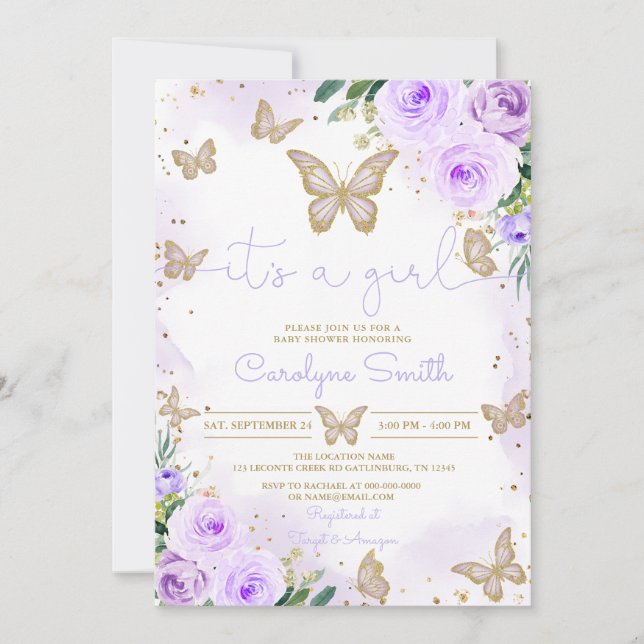 Invitación a Baby Shower de mariposa púrpura chica (Anverso)