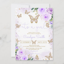 Invitación a Baby Shower de mariposa púrpura chica