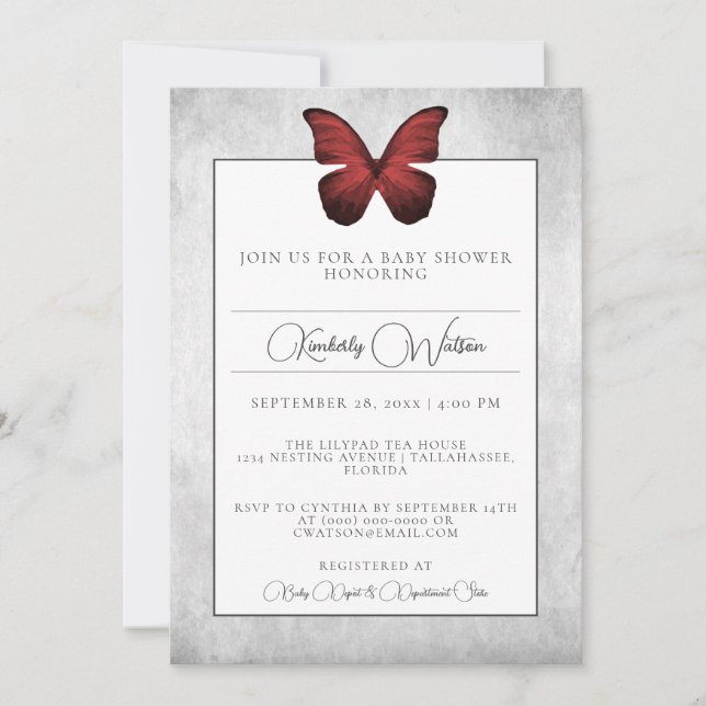 Invitación a Baby Shower de mariposa roja (Anverso)