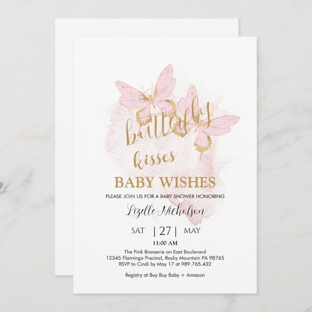 Invitación a Baby Shower de mariposa rosa (Anverso / Reverso)