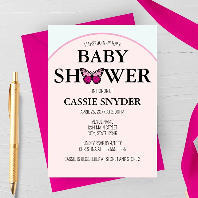 Invitación a Baby Shower de Mariposa Rosa con Marc (Arched Butterfly Pink Spring Baby Shower Invitation)