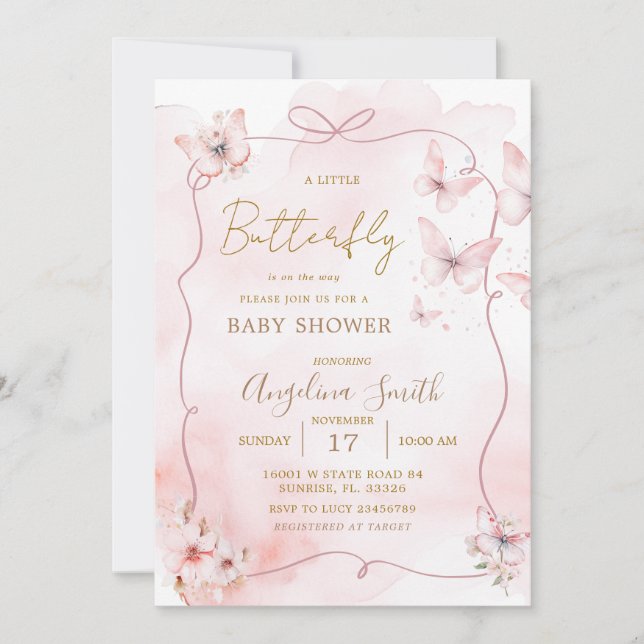 Invitación a Baby Shower de mariposa rosada (Anverso)
