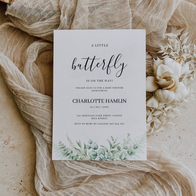 Invitación a Baby Shower de mariposa verde, (Greenery Butterfly Baby Shower Invitation, Invitation)