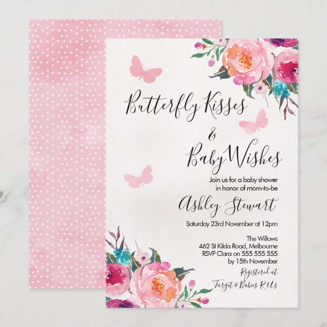 Invitación a Baby Shower de mariposas florales par (Anverso / Reverso)
