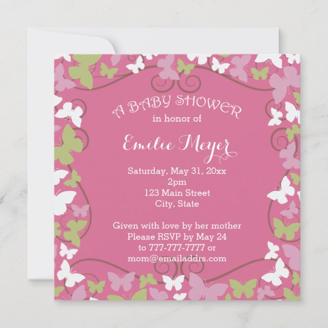 Invitación a Baby Shower de mariposas verdes rosas (Anverso)