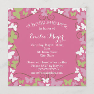 Invitación a Baby Shower de mariposas verdes rosas