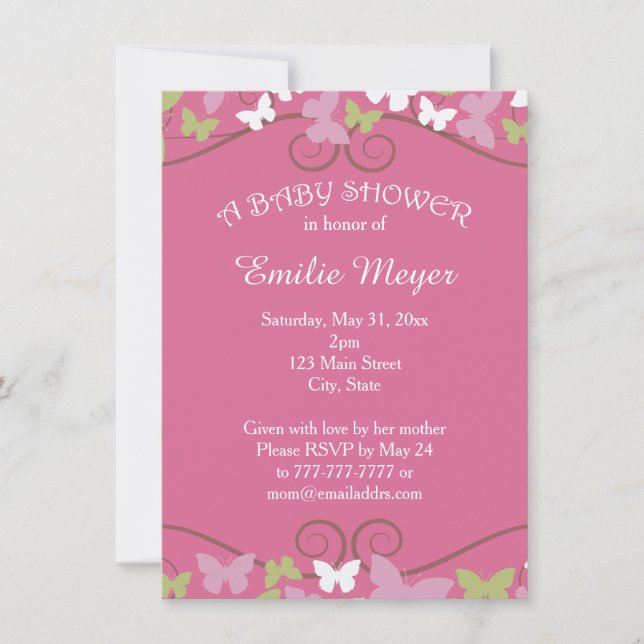 Invitación a Baby Shower de mariposas verdes rosas (Anverso)