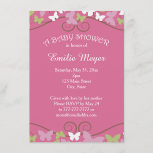 Invitación a Baby Shower de mariposas verdes rosas
