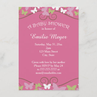 Invitación a Baby Shower de mariposas verdes rosas