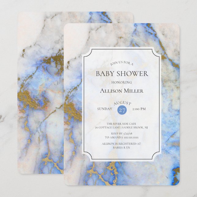 Invitación a Baby Shower de mármol azul y oro (Anverso / Reverso)