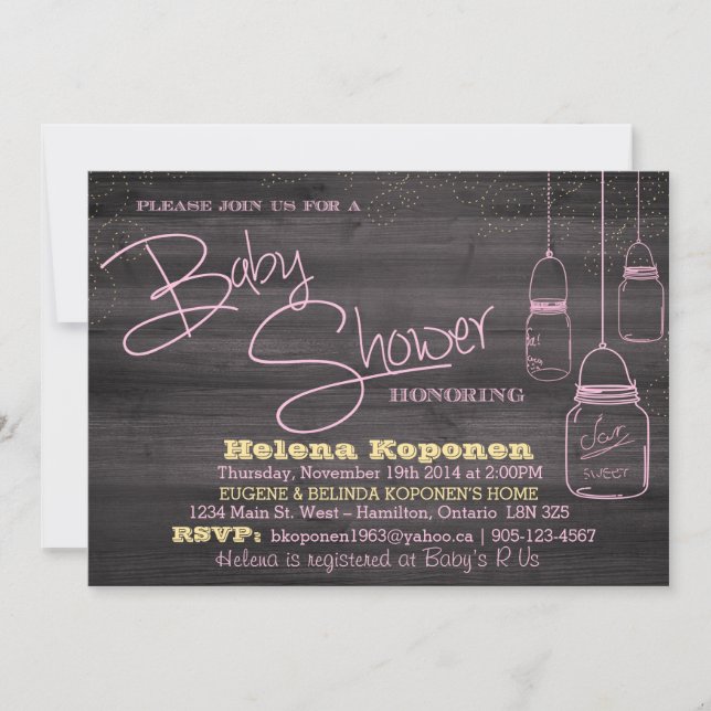 Invitación a Baby Shower de Mason Jar Wood Chica (Anverso)