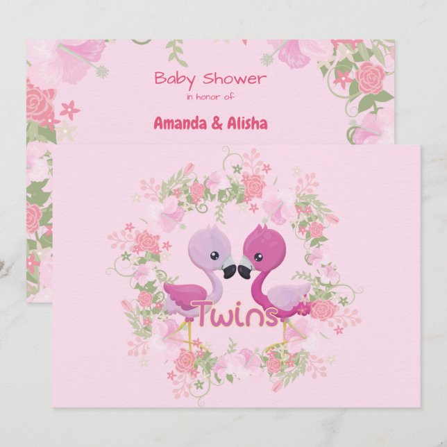 Invitación a Baby Shower de mellizos Flamingo (Anverso / Reverso)