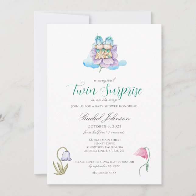 Invitación a Baby Shower de mellizos florales de c (Anverso)