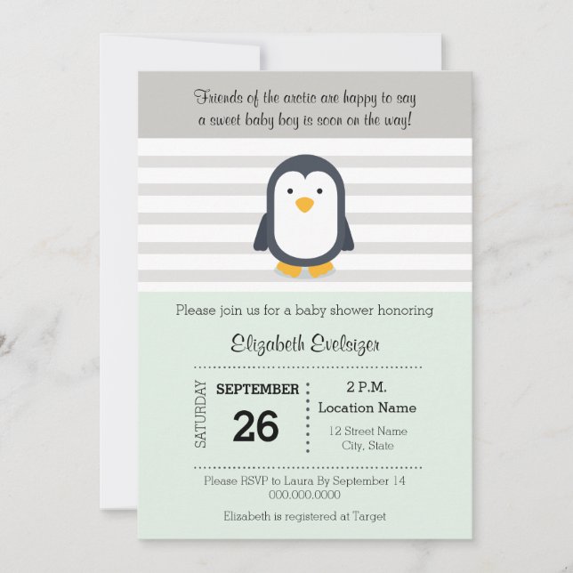Invitación a Baby Shower de Mint Gray Penguin (Anverso)