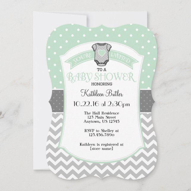 Invitación a Baby Shower de Mint Gray Polka Dot Ch (Anverso)