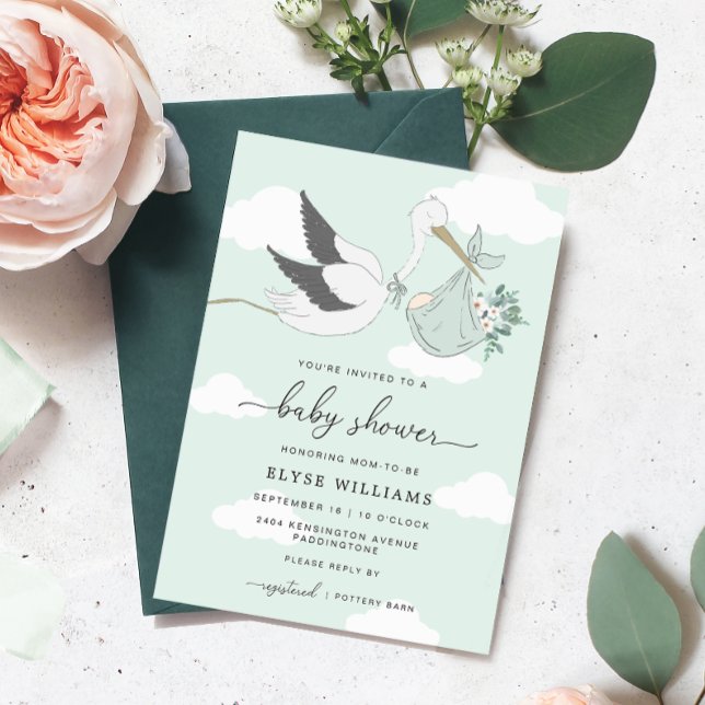 Invitación a Baby Shower de Mint Green Stork (Green Stork Baby Shower Invitation )