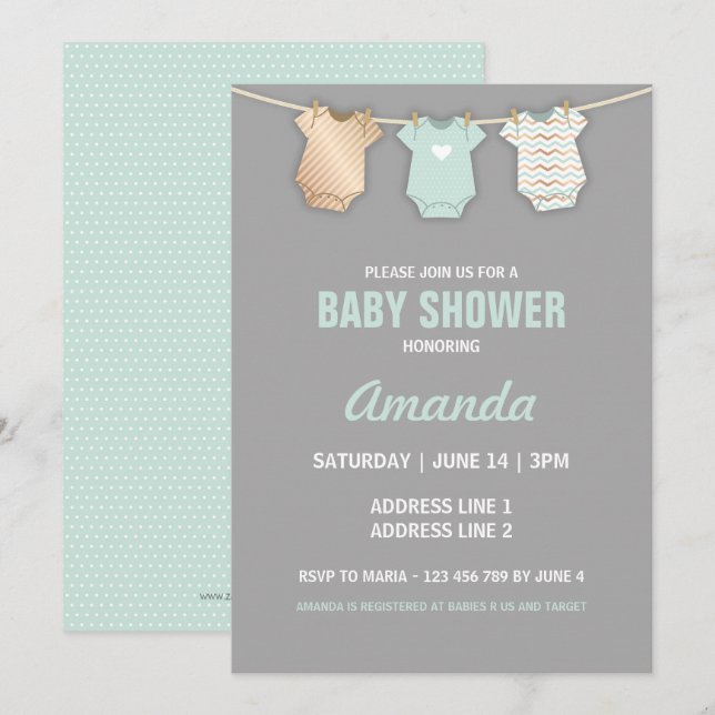 Invitación a Baby Shower de Mint, tema de línea de (Anverso / Reverso)