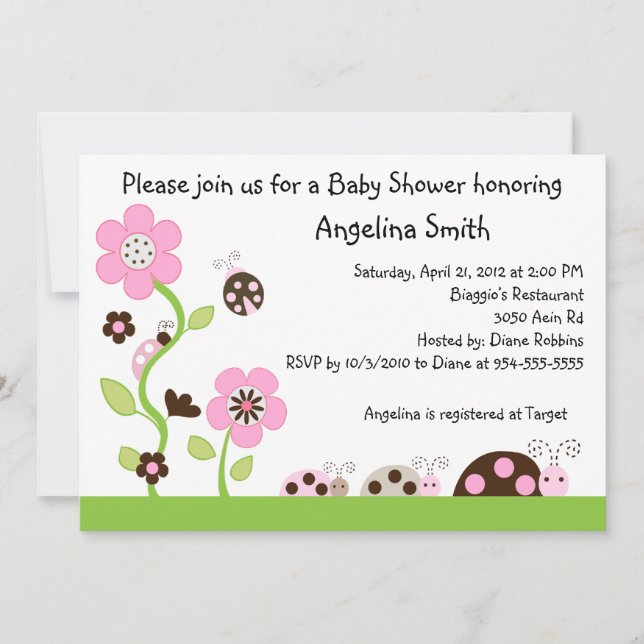 Invitación a Baby Shower de Mocha Ladybug Chica (Anverso)